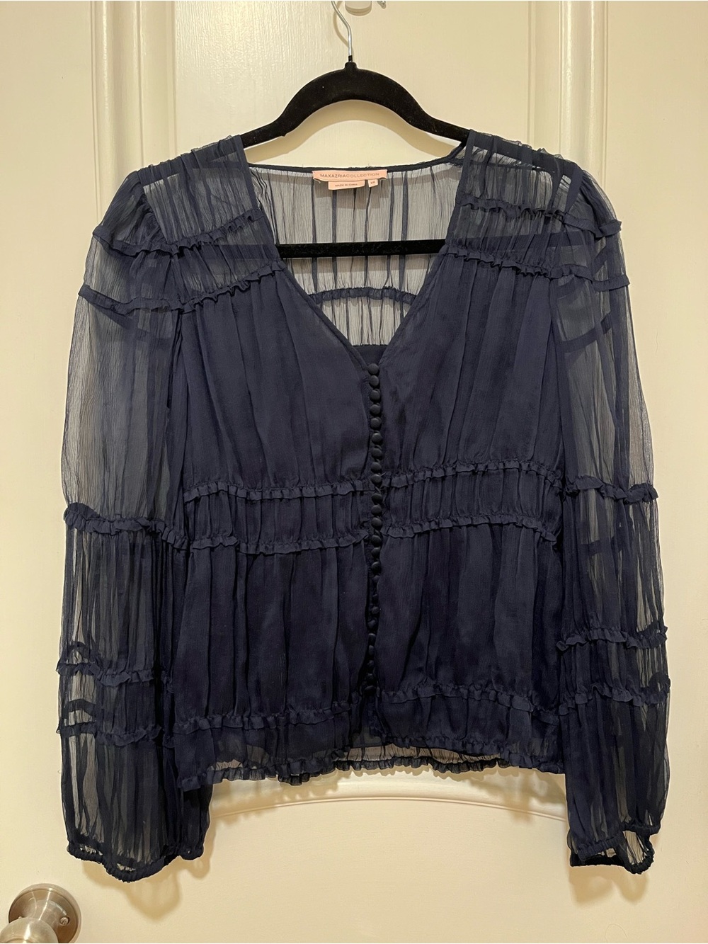 Max Azria Collection Silk Navy Sheer Blouse